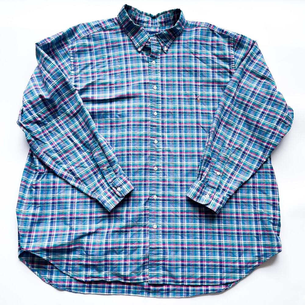Men's Polo Ralph Lauren Colorful Blue and Green Plaid Button Down 3X Big
